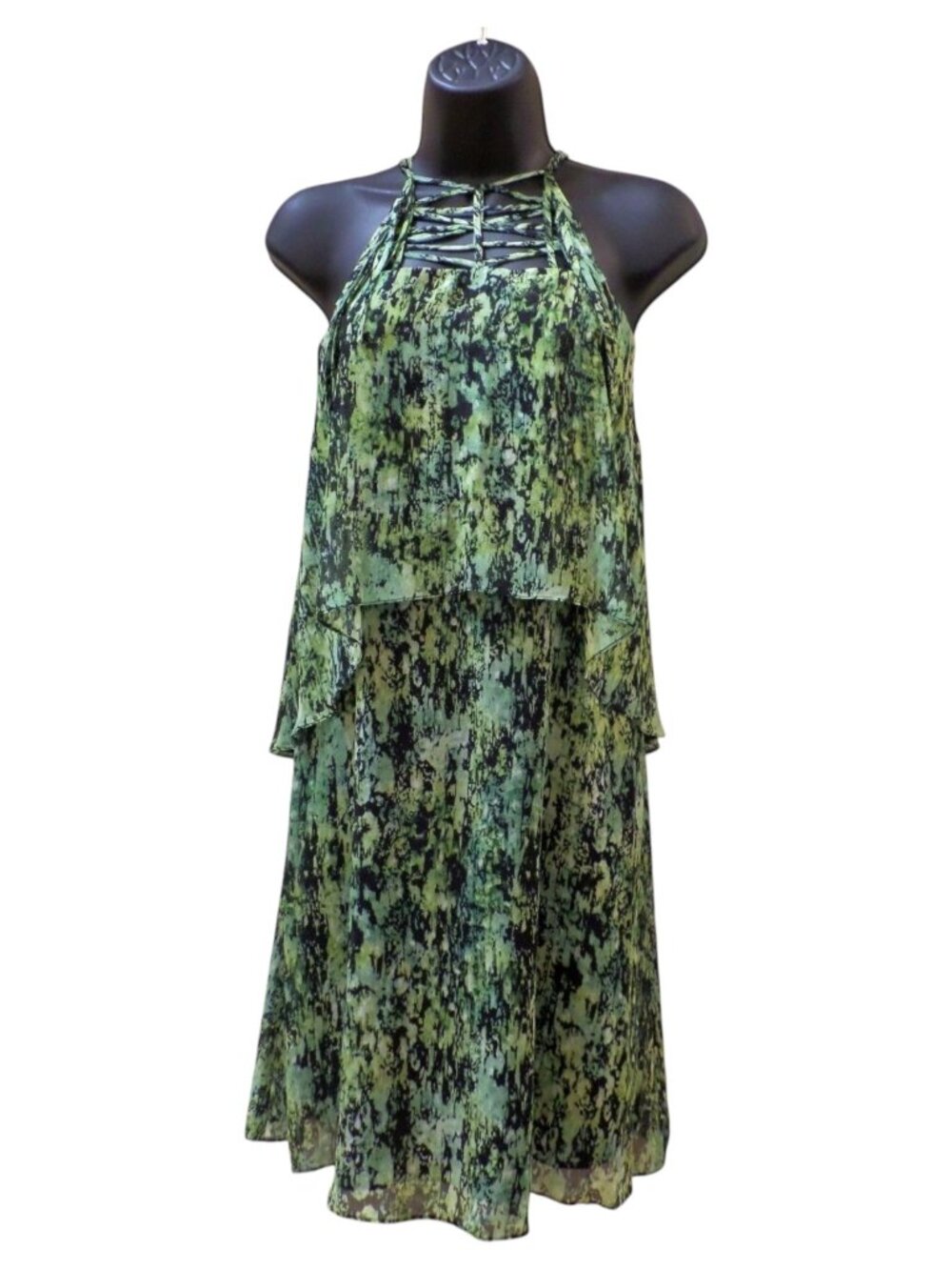 BCBGMAXAZRIA Kaia Silk Dress Green Print Tiered Cutout Size M NWT